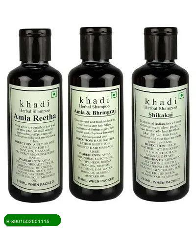 BestoSale.Com-Image 1-Revitalize Your Hair Naturally!Discover the secret to luscious locks with our Khadi Hair Combo, featuring a powerful blend of Amla, Reetha, and Bhringraj Shikakai Shampoo. This pack of three 630 ml bottles is designed to nourish, cleanse, and strengthen your hair from root to tip.

Amla: Rich in Vitamin C, it promotes hair growth and adds shine.

Reetha: A natural cleanser that removes dirt and excess oil without stripping away moisture.

Bhringraj: Known for its rejuvenati