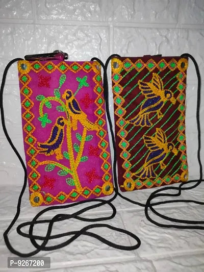 Stylish Handmade Rajasthani Style Mobile Pouches Combo with Saree Clip