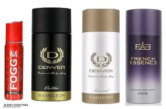 Fogg Charm 25ml, Denver Caliber 50ml, Imperial 50ml, French Essence Noir 50ml (pack of 4) body deodorants for men women