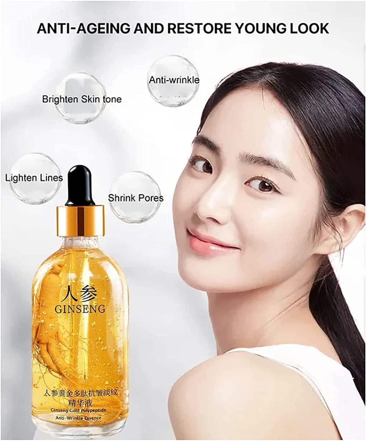 Ginseng Gold Polypeptide Anti-Ageing Serum bottle featuring a blend of collagen and hyaluronic acid, designed to reduce wrinkles, tighten skin, brighten complexion, and provide deep hydration for all skin types.