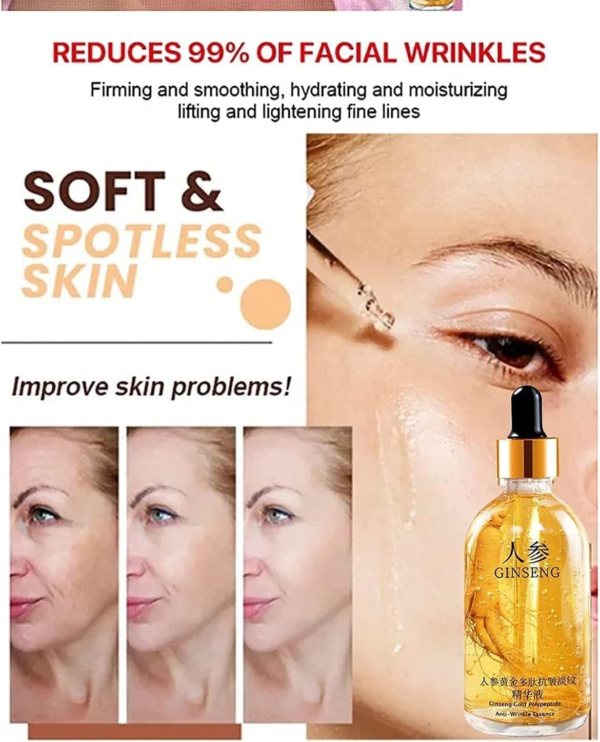 Ginseng Gold Polypeptide Anti-Ageing Serum bottle featuring a blend of collagen and hyaluronic acid, designed to reduce wrinkles, tighten skin, brighten complexion, and provide deep hydration for all skin types.