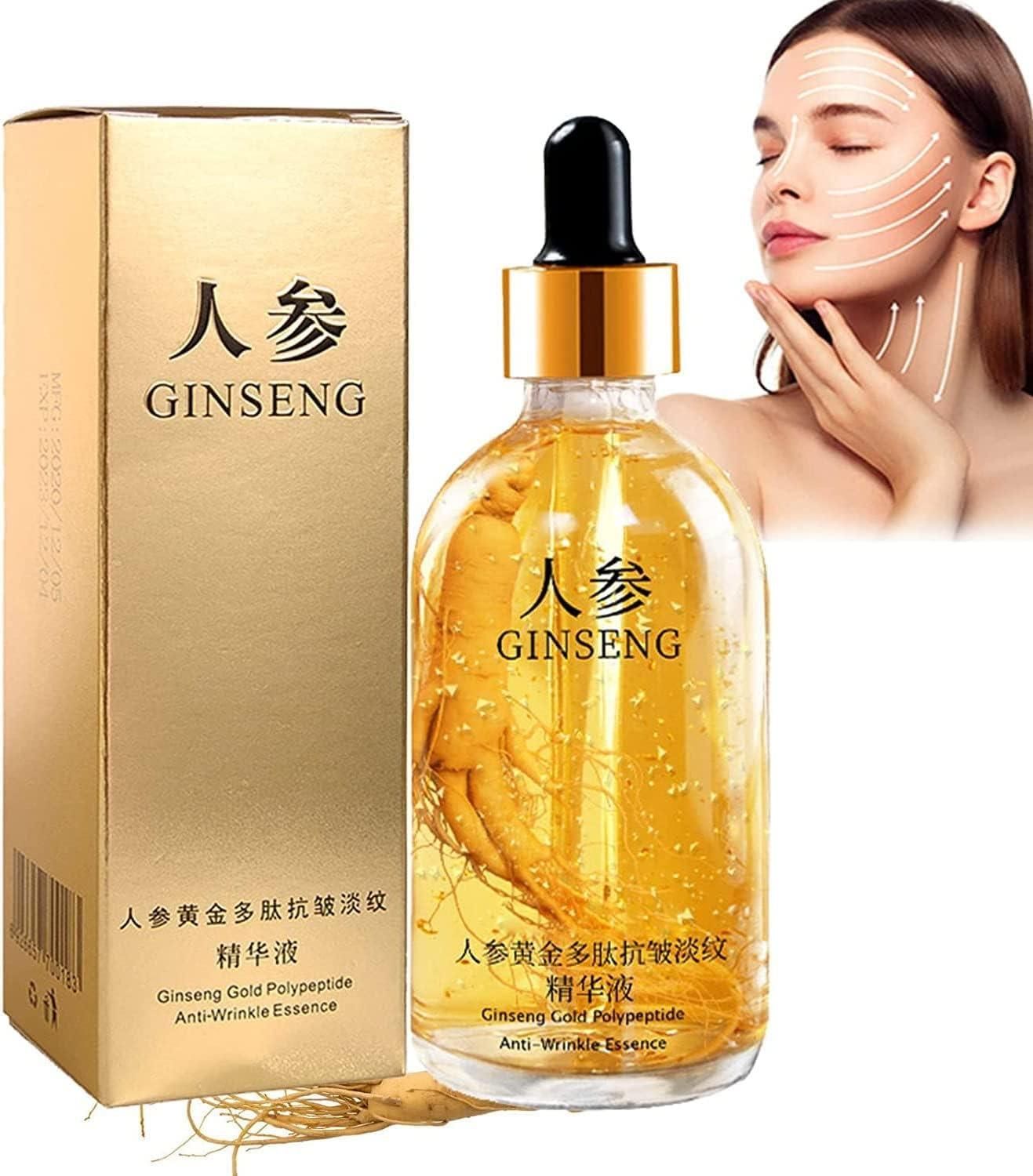 Ginseng Gold Polypeptide Anti-Ageing Serum bottle featuring a blend of collagen and hyaluronic acid, designed to reduce wrinkles, tighten skin, brighten complexion, and provide deep hydration for all skin types.

