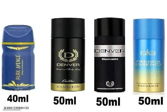 Park Avenue Good Morning 40ml, Denver code 50ml, Caliber 50ml,French Essence Enchante 50ml (pack 0f 4) Body deodorants for men women