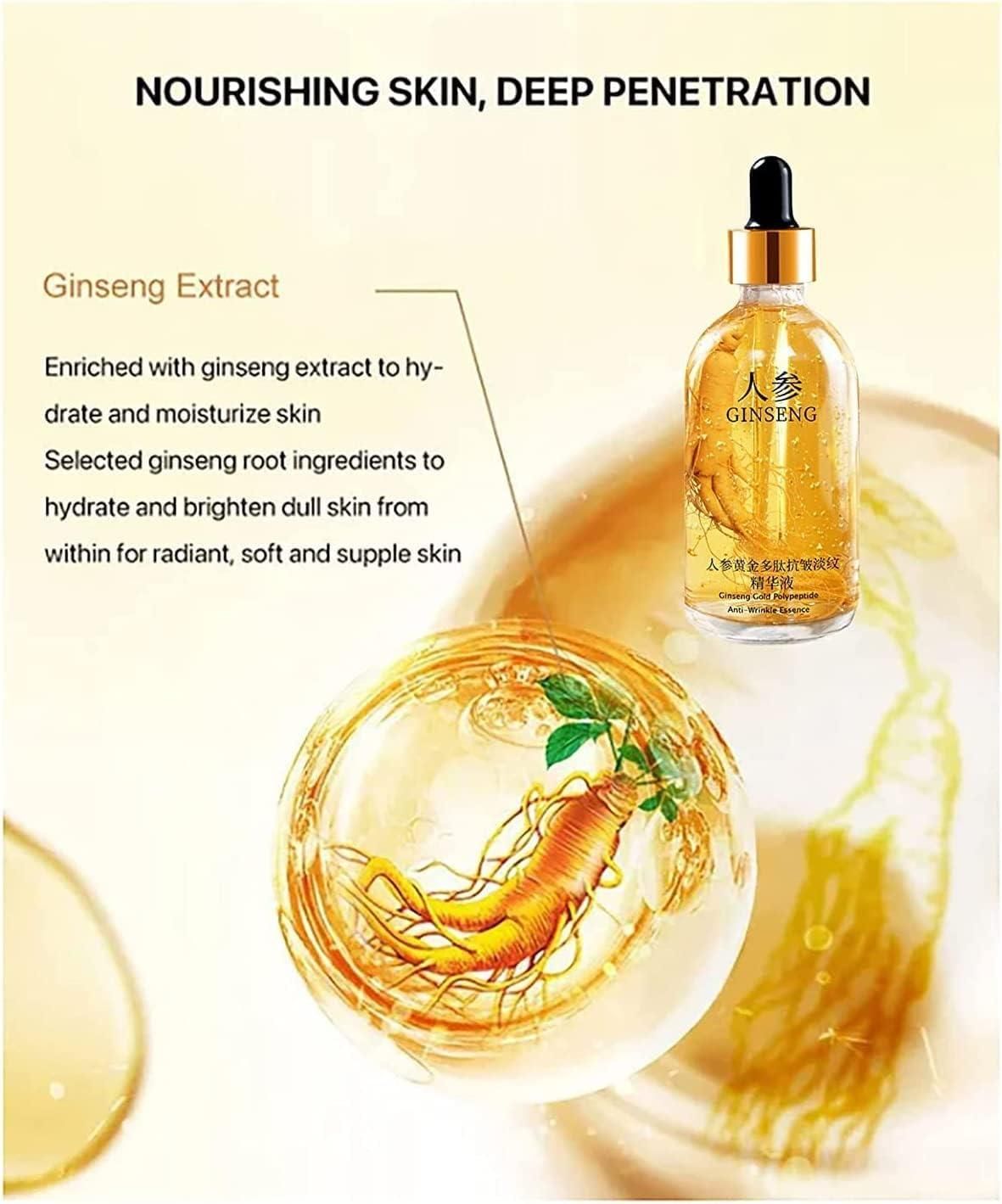 Ginseng Gold Polypeptide Anti-Ageing Serum bottle featuring a blend of collagen and hyaluronic acid, designed to reduce wrinkles, tighten skin, brighten complexion, and provide deep hydration for all skin types.