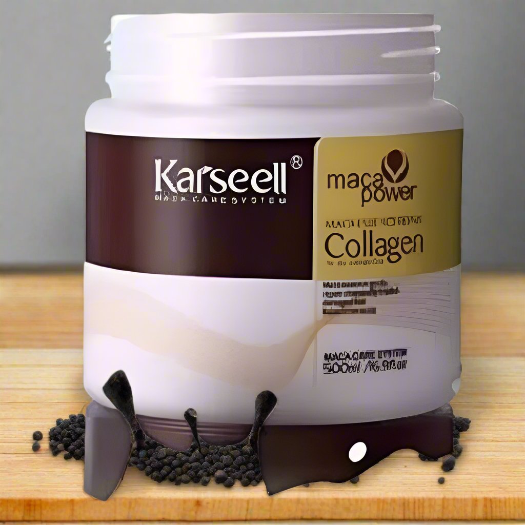 An image features two dd54a8-8b Karseell Maca Power Collagen Hair Mask 100ml packs, highlighting the potent formula. The packaging is encircled by illustrations of common hair issues such as tangles and split ends, with "Pack of 2" prominently displayed above the product.