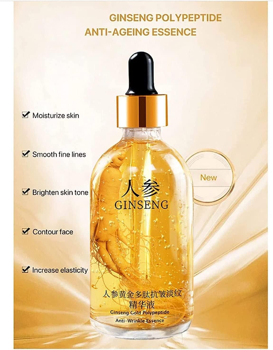 Ginseng Gold Polypeptide Anti-Ageing Serum bottle featuring a blend of collagen and hyaluronic acid, designed to reduce wrinkles, tighten skin, brighten complexion, and provide deep hydration for all skin types.